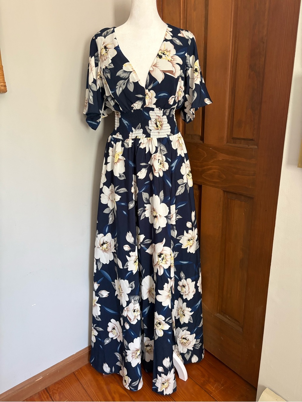 NEW Baltic Born Medium Verona Blue Floral Smocked Maxi Dress Slit Flowy Vneck
